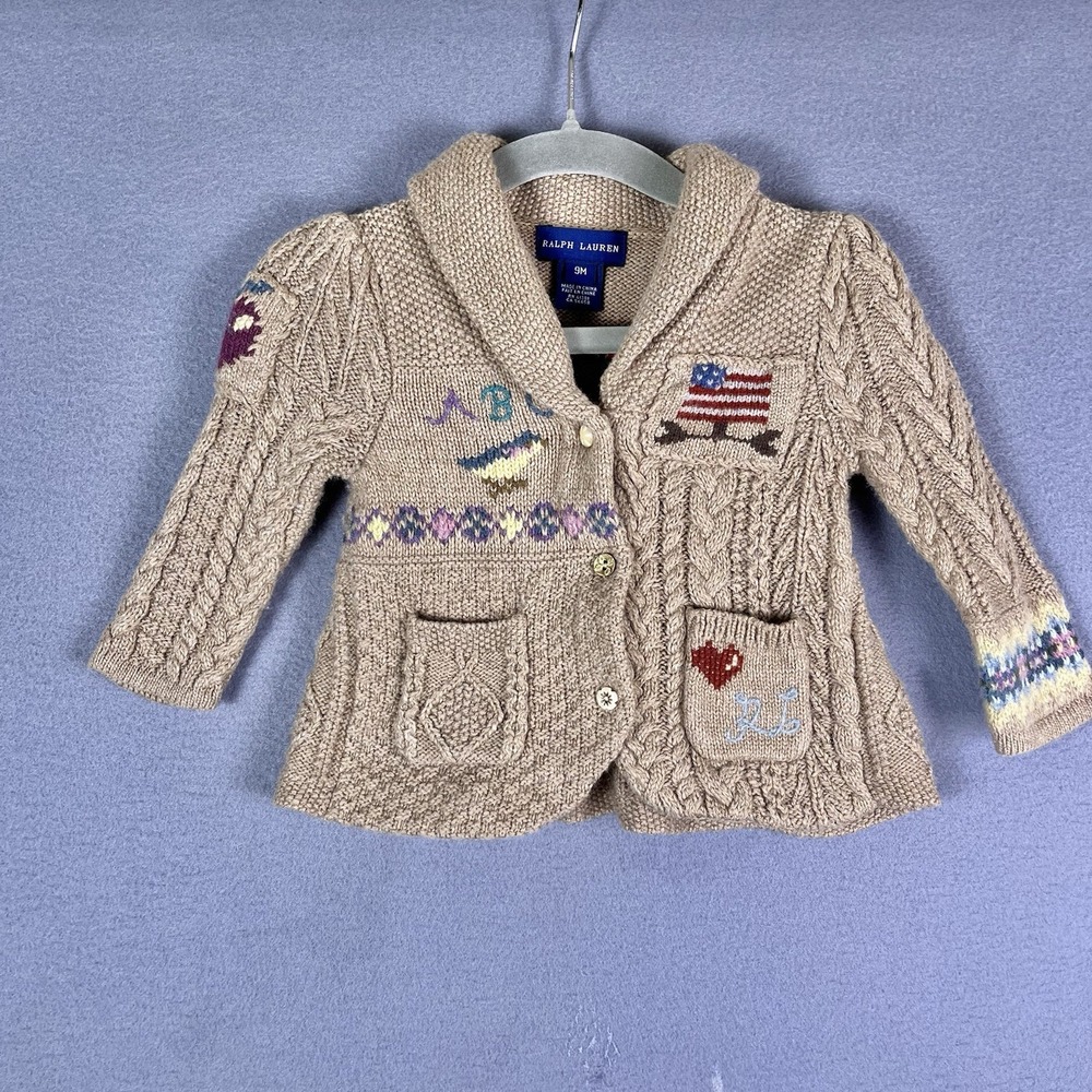 Ralph Lauren Cardigan Sweater Baby 9M Tan American Flag School Cable Knit Bow
